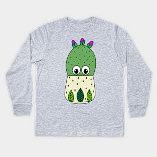 Cute Cactus Design #352: Prickly Pear Cactus In Leafy Pot Kids Long Sleeve T-Shirt